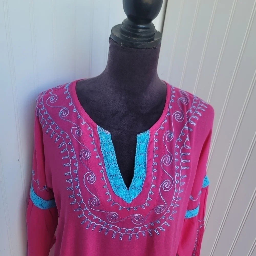 Blue Island Beach Hot Pink Blue Dress Swim Cover Up Tassel Pom Crochet Sz M